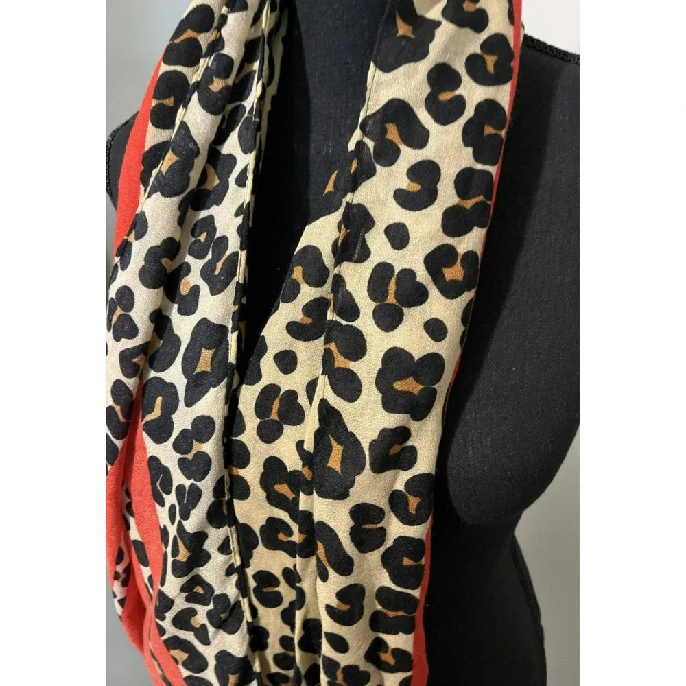 Women's Leopard Print Scard with Red Stripe Accents One Size - Picture 4 of 7